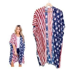 COMFYLUXE Patriotic Stars and Stripes Kimono One Size Fits Most Lightweight